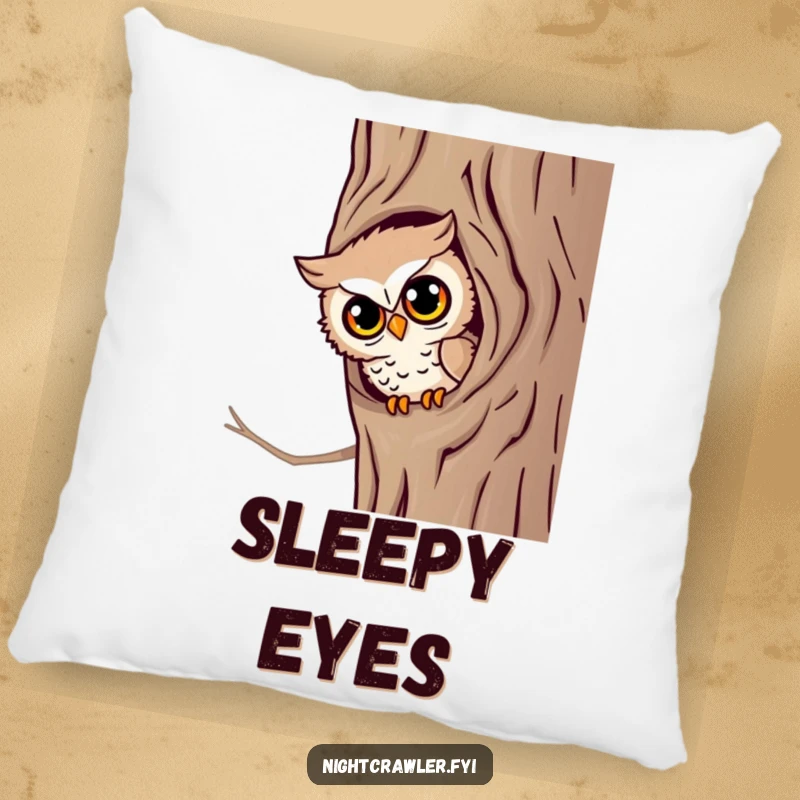 Funny Owl Watch Pillow: A little owl character peeks from a tree hollow with bright eyes, a soft and humorous decor piece.
