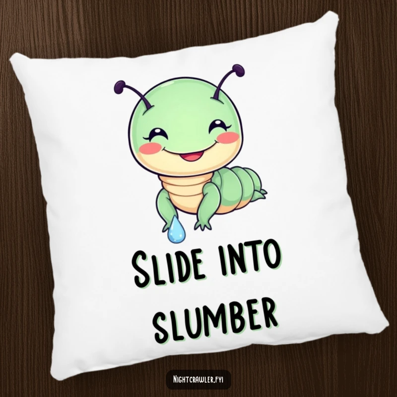 Funny pillow design of a cute, round night crawler with a beaming smile, sliding gleefully down a large dewdrop, embodying pure delight.