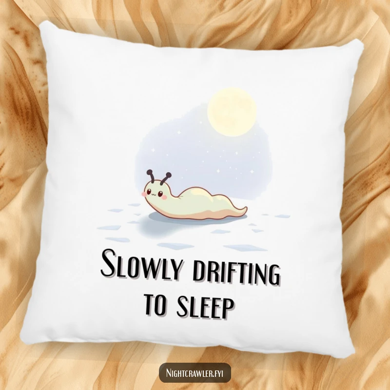 Funny pillow design of a cute slug character leaving a shimmering trail across a moonlit surface, bringing soft comfort.