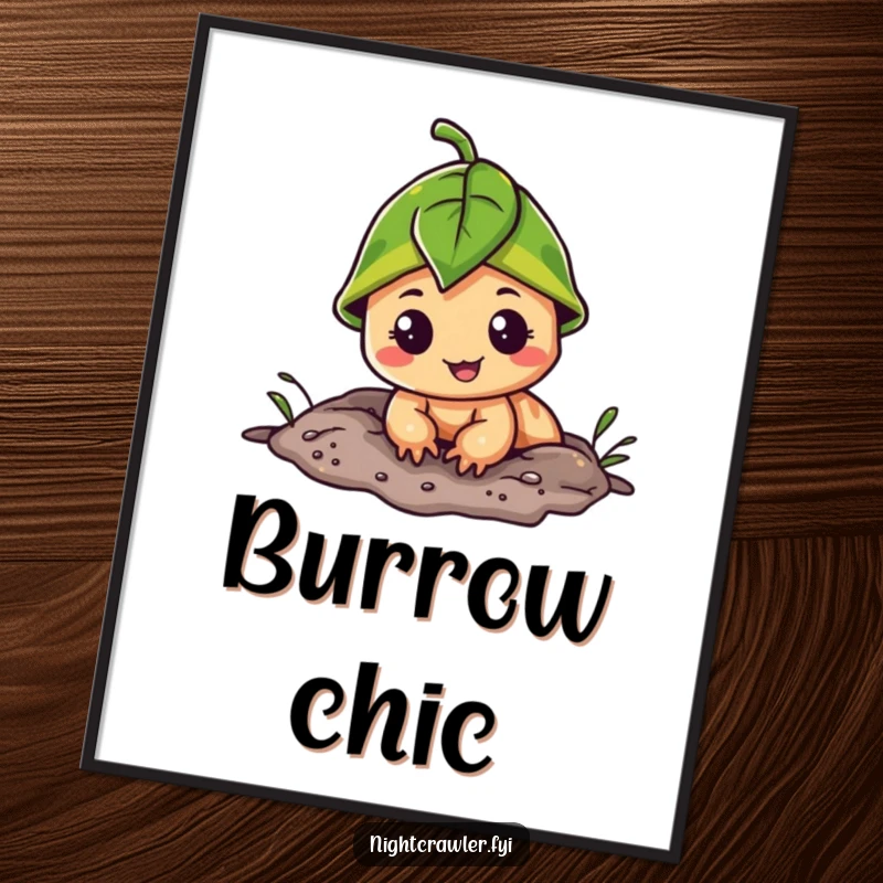 Funny digital art print of a cheerful night crawler with a leaf cap, peeking from its burrow with a friendly, inviting look.