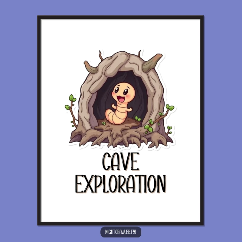 Funny Worm Explorer Digital Art Print - Whimsical Worm's Root Cave Adventure