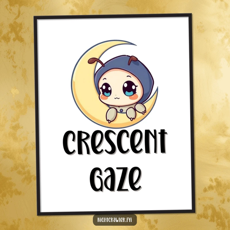 Funny digital art print of a night crawler character peeking from a crescent moon with big, curious eyes, celebrating nighttime enchantment.