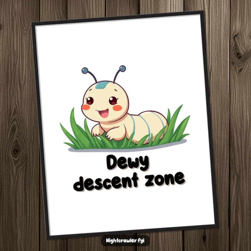 Funny digital art print of a cheerful night crawler sliding down a dewy blade of grass, ready for instant download.