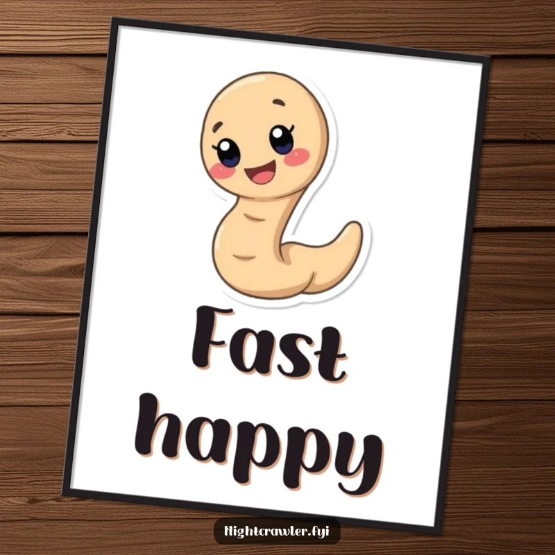 Funny earthworm digital art print of a cute, speedy earthworm character with a wide, happy smile, for instant joy.