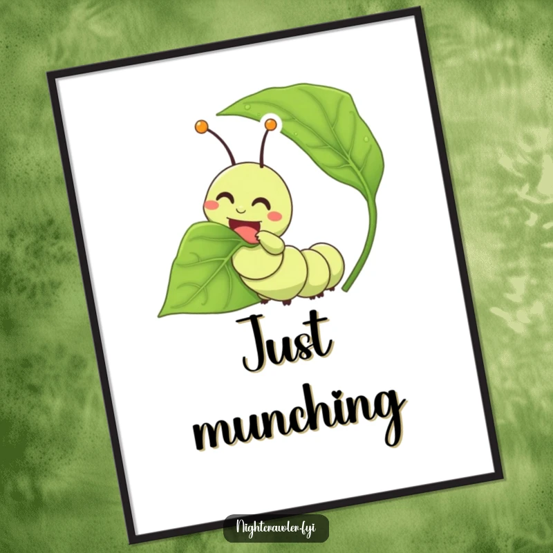 Funny caterpillar digital art print showing a happy character joyfully munching on an oversized leaf.