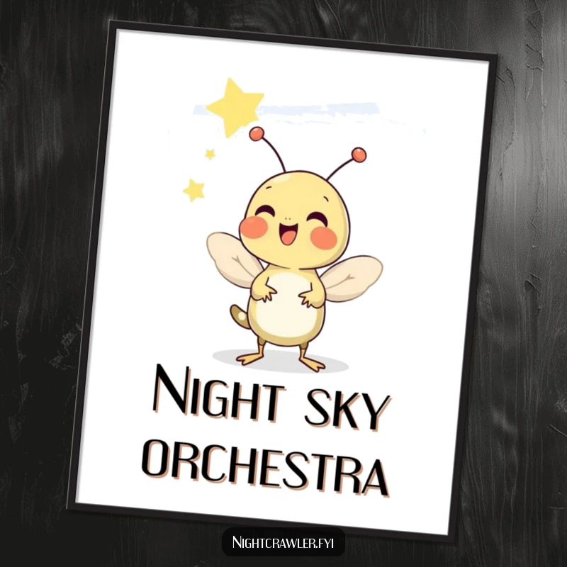 Funny digital art print of a cheerful cricket chirping merrily under a starry sky, capturing summer's essence.
