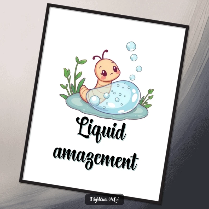 Funny digital art print of a curious earthworm exploring a dewdrop with wonder, perfect for adding instant enchanting charm and humor.