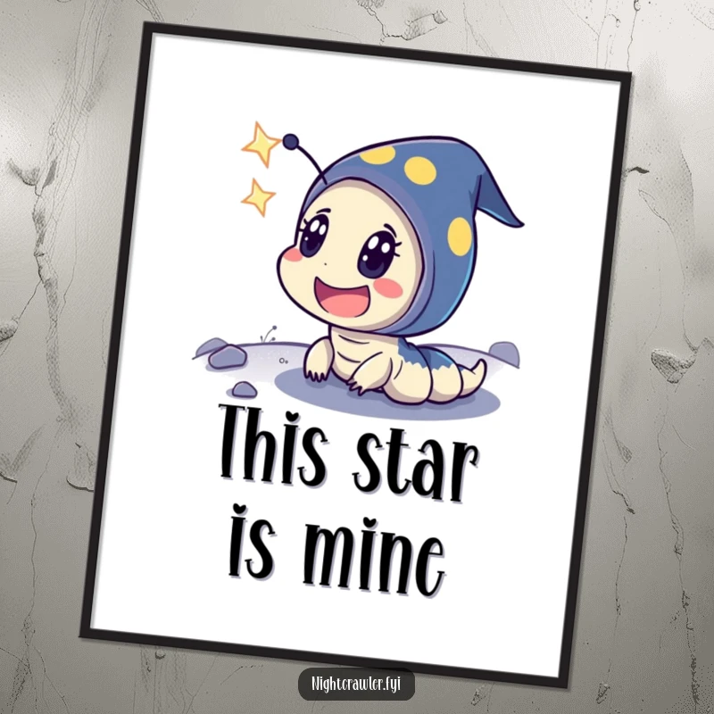 Funny digital art print of a night crawler character with exaggerated surprise and delight witnessing a shooting star.