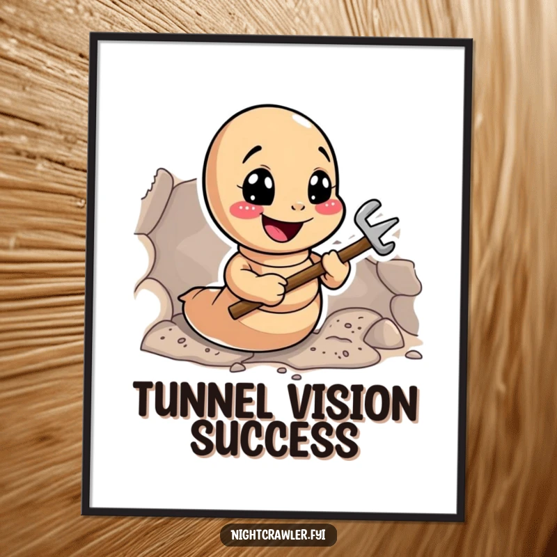 Funny Earthworm Digger Digital Print: Smiling worm with tiny tools digging a tunnel, downloadable art for workspaces.