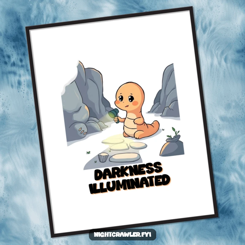 Funny digital art print of an earthworm with a flashlight illuminating a dark path, perfect for adding instant hopeful charm and humor.