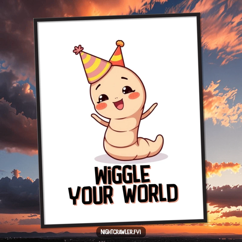 Funny earthworm digital art print featuring a cute character with a party hat, wiggling with ultimate excitement and vibrant energy.