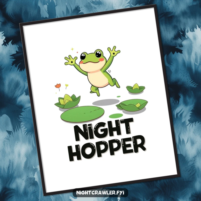 Funny Frog Digital Art Print of a cute frog character energetically leaping between lily pads in the dark, offering a humorous and dynamic decorative element.