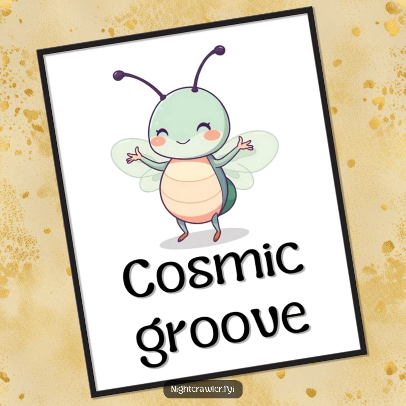 Funny digital art print of a cute insect character dancing joyfully in a moonbeam with a happy twitch, instantly downloadable.