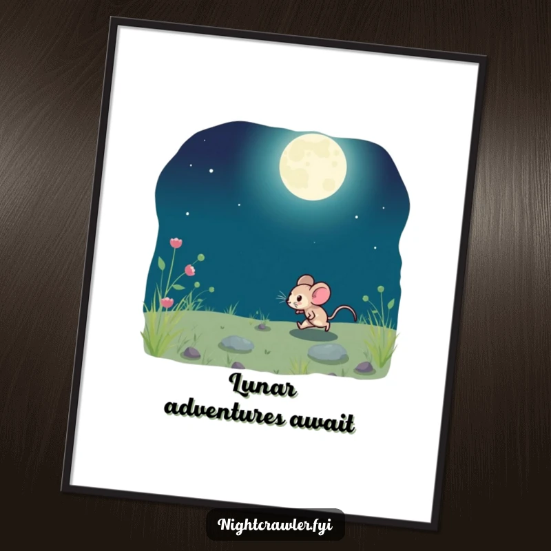 Funny digital art print of a small, playful mouse scurrying across moonlit ground, capturing nocturnal wonder.