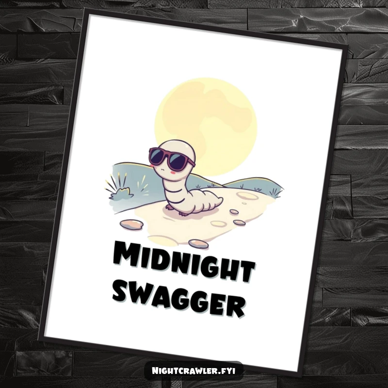 Funny digital art print of a worm wearing sunglasses, slowly inching across a moonlit path, exuding cool vibes.
