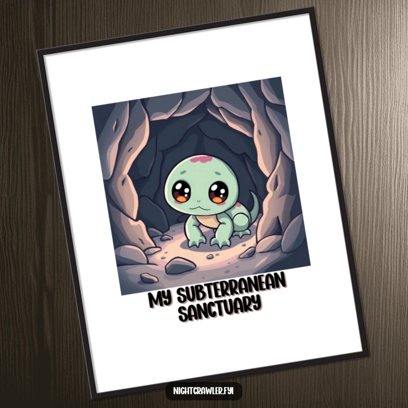 Funny digital art print of a night crawler with bright eyes exploring a miniature cave, ready to be printed and framed.