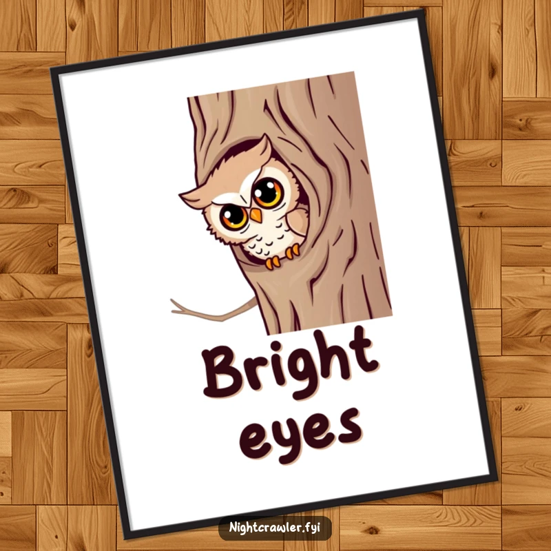 Funny Owl Peek Digital Print: A little owl character peeks from a tree hollow with bright eyes, whimsical and funny artwork.