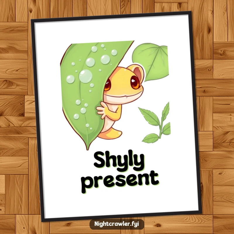 Funny Gecko Digital Art Print of a shy gecko peeking from a dew-covered leaf, offering a humorous and charming decorative element.