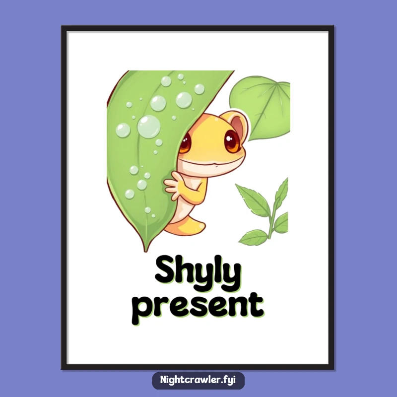 Funny Shy Gecko Digital Art: Peeking Character, Dewy Leaf Art, Perfect Funny Gift