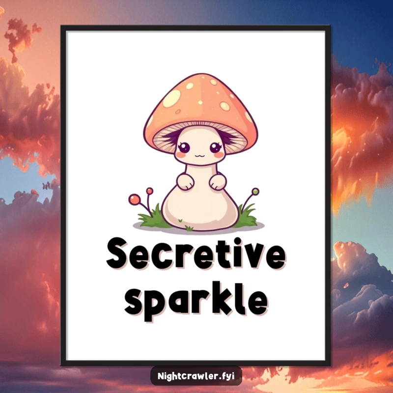 Funny worm digital art print of a shy worm peeking from a small, glowing mushroom cap, perfect for instant humorous decor.