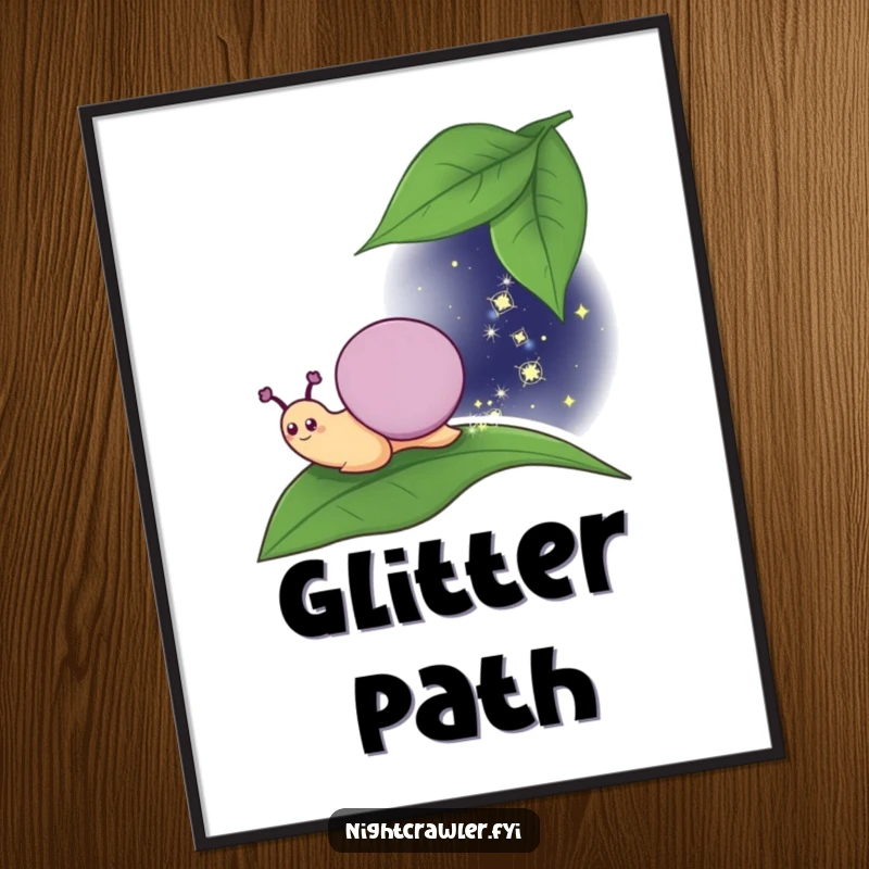 Funny Digital Art: Smiling snail character leaving a sparkly trail at night, offering instant enchantment and whimsical decoration.