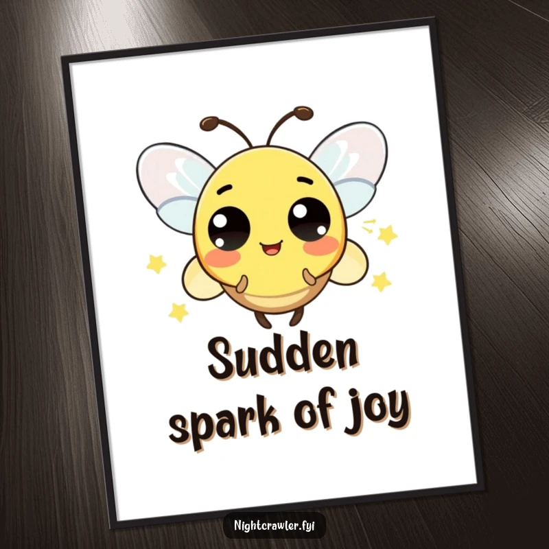 Funny digital art of a playful firefly character blinking its light rapidly in a pattern of surprise, evoking wonder.