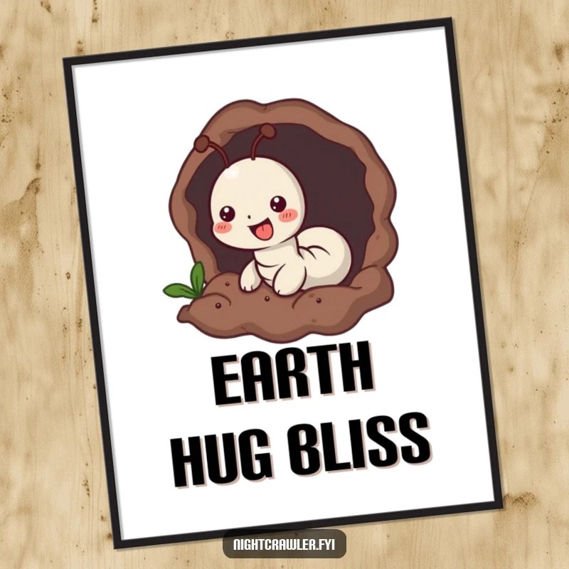 Funny digital art print of a small worm character joyfully burrowing into soft, dark earth, bringing cozy contentment to walls.