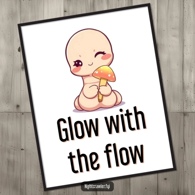 Funny digital art print of a cute worm character winking while holding a tiny, illuminated mushroom, bringing whimsical magic to walls.