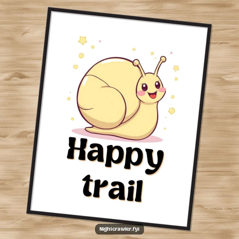 Funny kawaii snail digital art print of a snail leaving a shimmering trail of giggles, for instant joy.