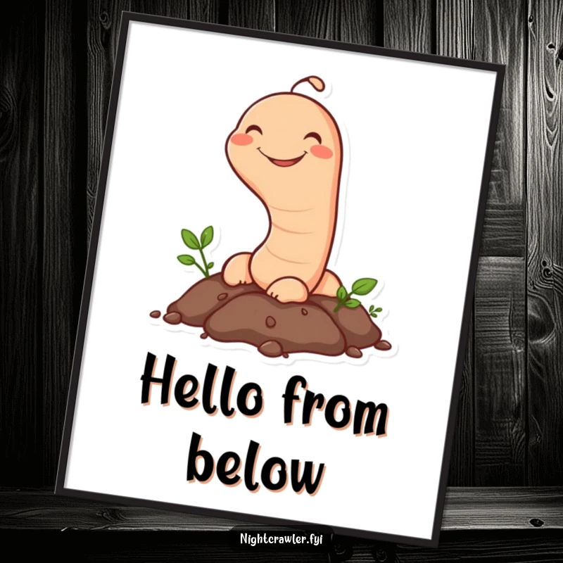 Funny Earthworm Digital Art Print: A happy earthworm character emerges from the soil with a wide grin, a humorous and charming illustration.