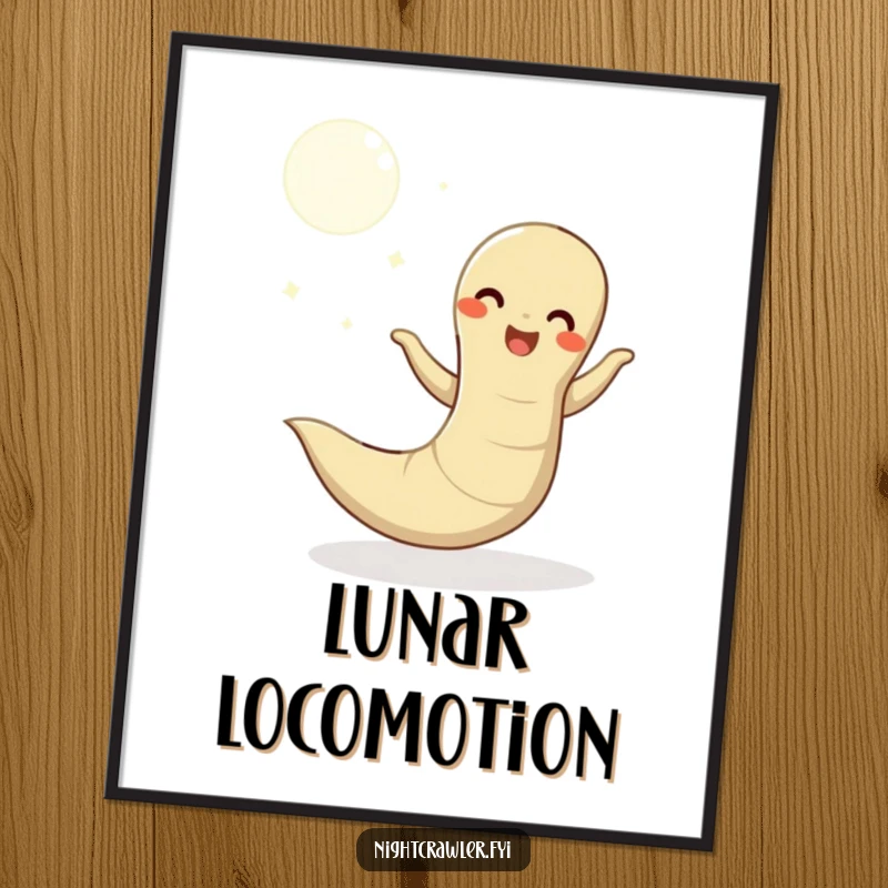 Funny digital art print of a happy earthworm dancing under the moon, perfect for adding instant whimsical charm and humorous energy.