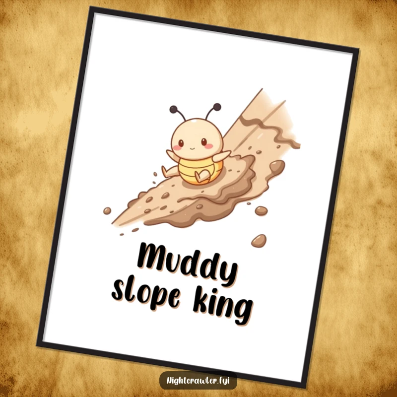 Funny digital art print of a cute buggy character gleefully sliding down a muddy slope, celebrating messy, adventurous fun.