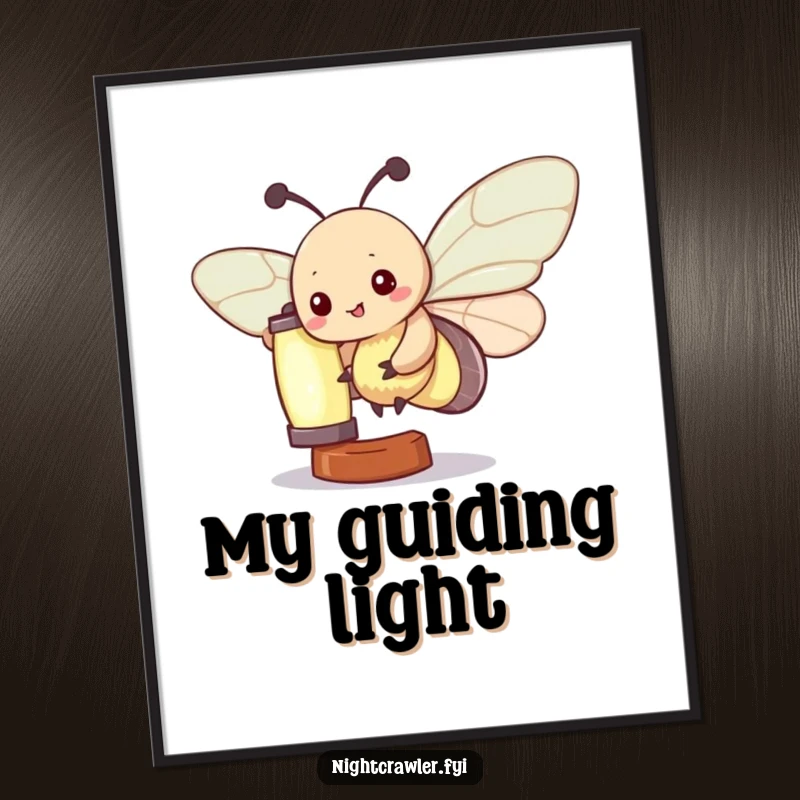Funny Kawaii Moth Digital Art Print: A kawaii moth character joyfully flutters around a softly glowing lantern in this humorous and charming illustration.