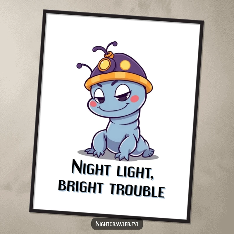 Funny night crawler digital art print of a mischievous character wearing a small glowing hat, ideal for wall decor.