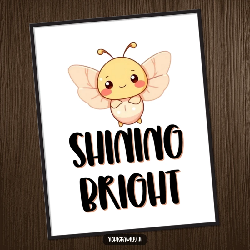 Funny moth digital art print of a happy character fluttering around a soft, gentle light source, perfect for peaceful decor.