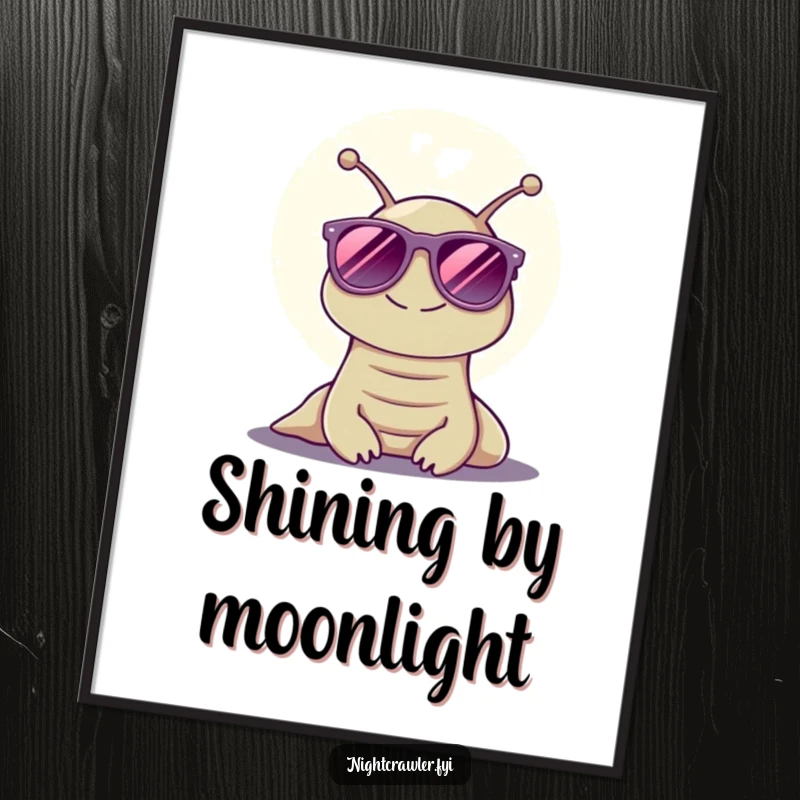 Funny digital art print of a smiling slug with sunglasses under moonlight, an instant downloadable funny gift.