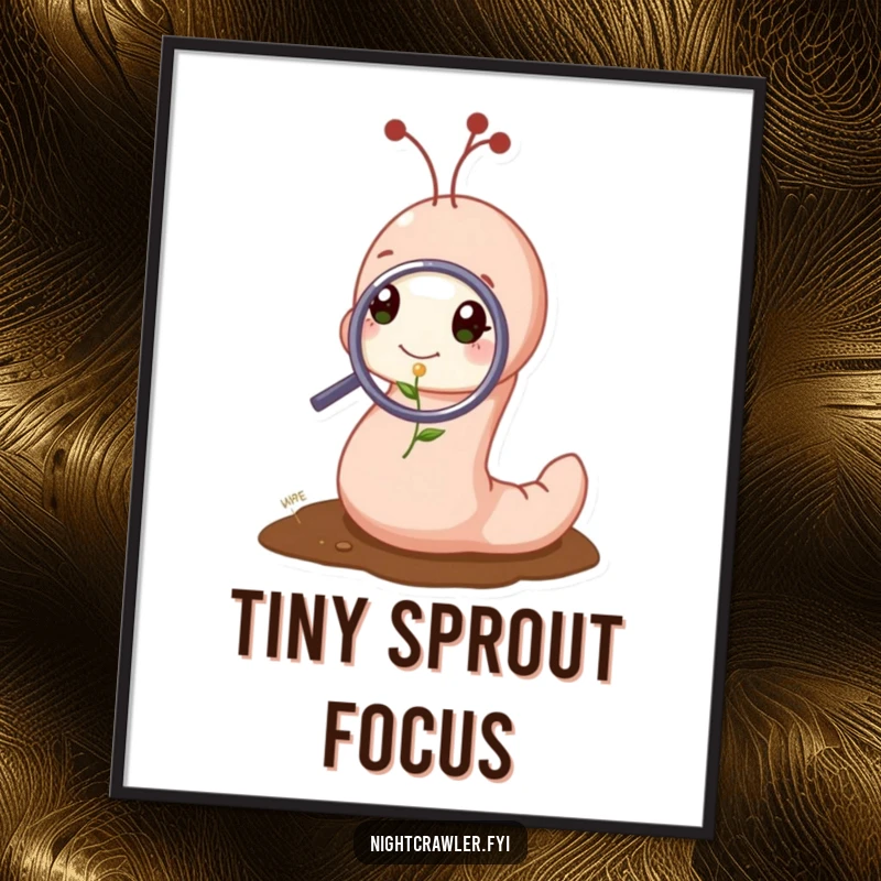 Funny digital art of a cute worm character examining a tiny sprout with a magnifying glass, capturing humorous moments of discovery.