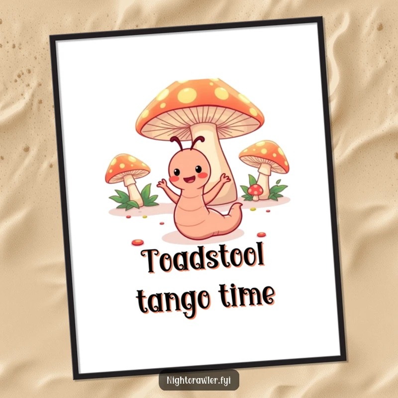 Funny digital art of a happy worm character dancing under glowing toadstools, capturing enchanting and humorous forest moments.