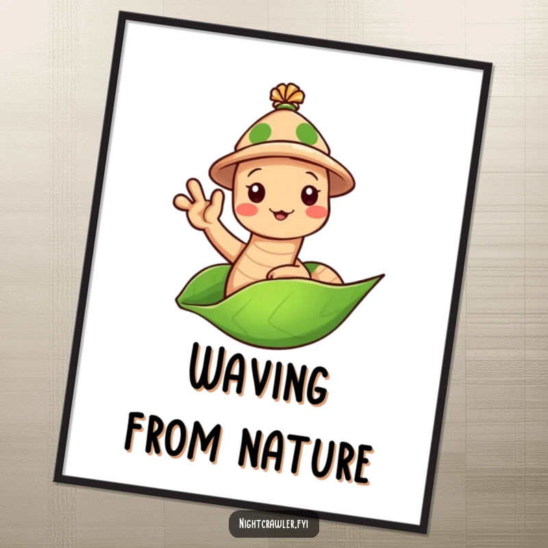 Funny Earthworm Hat Digital Print: Cute worm in a tiny hat waving hello from a leaf, downloadable art for friendly spaces.