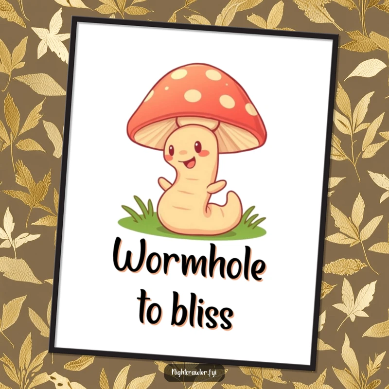 Funny Digital Art: Cute earthworm character wiggling under a glowing mushroom, offering instant enchantment and whimsical decoration.