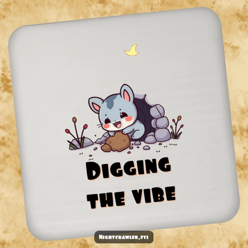 Funny drink coaster featuring a small, gleeful night creature digging a tunnel, adding a humorous and protective touch to furniture.