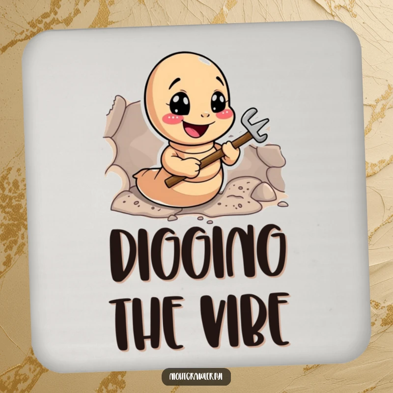 Funny Earthworm Digger Coaster: Happy worm digging a tunnel with tiny tools, protecting your table, a humorous coaster.