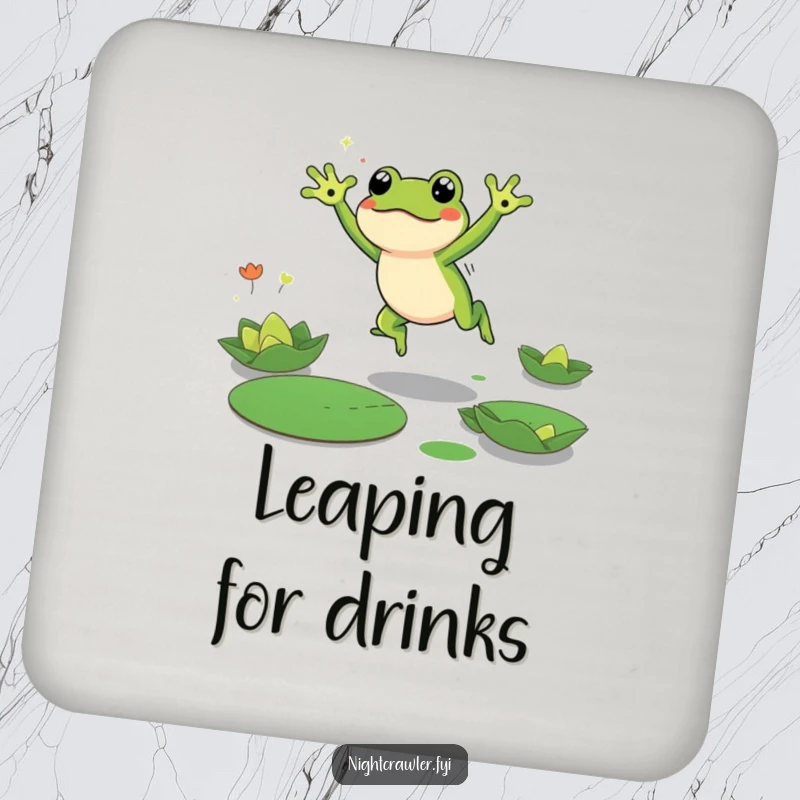 Funny Frog Coaster featuring a cute frog character energetically leaping between lily pads in the dark, adding humorous and protective charm.
