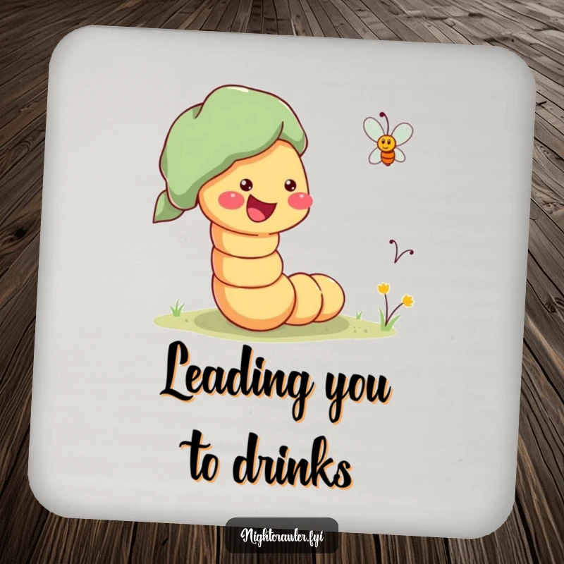Funny Drink Coasters showing a cheerful worm enthusiastically guiding a lost firefly home, offering protection and charm.
