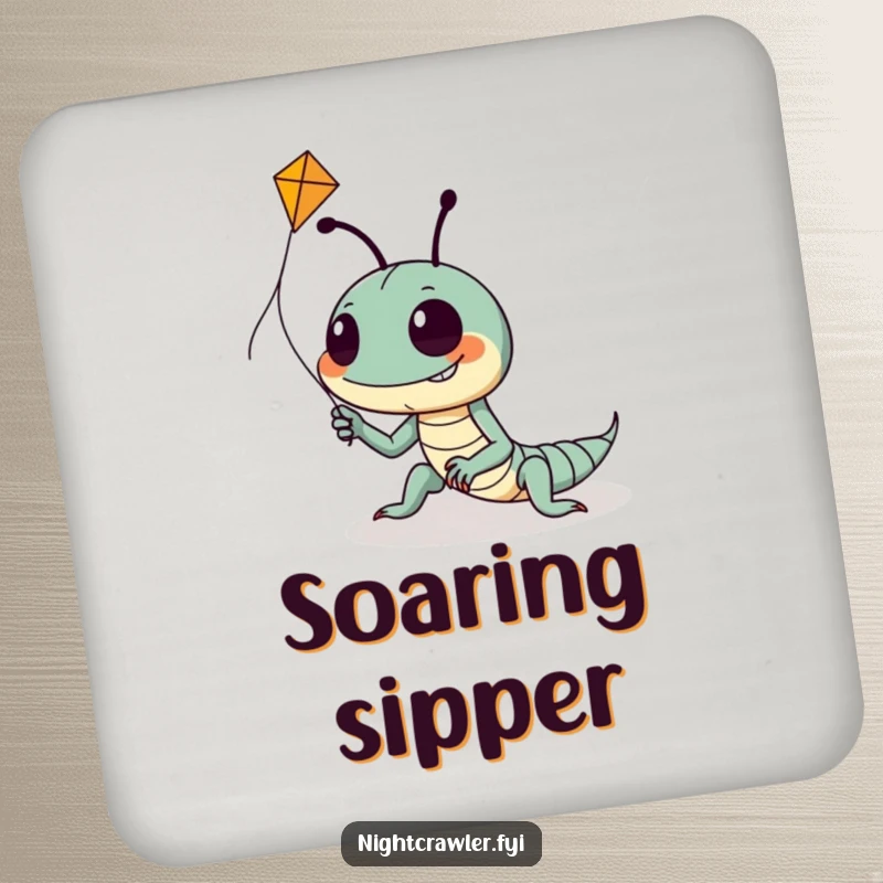 Funny coaster featuring a goofy night crawler with a wide grin, trying to fly a small kite, adding humor to drink service.