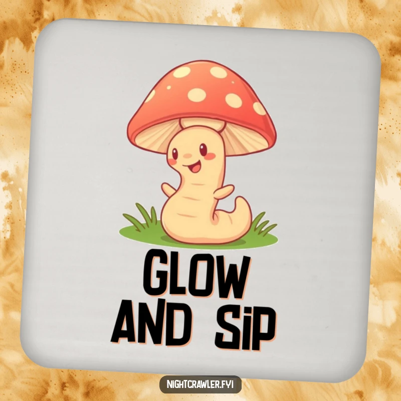 Funny Coaster: Cute earthworm character wiggling under a glowing mushroom, protecting surfaces with whimsical humor and charm.