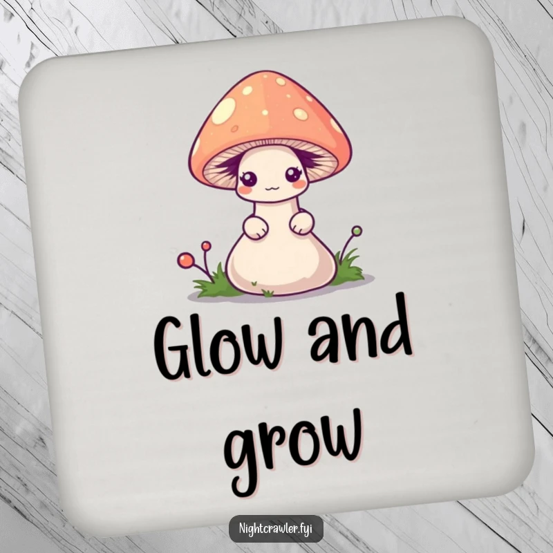 Funny worm coaster illustrating a shy worm peeking from a tiny, glowing mushroom cap, adding humor to protection.