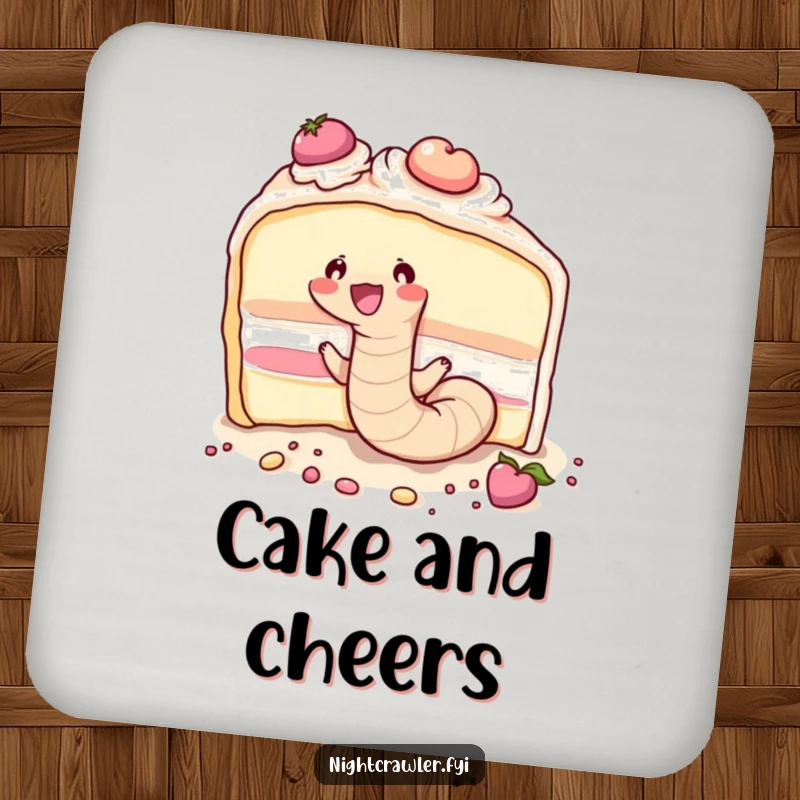 Funny cute earthworm joyfully tunneling through a large piece of cake, adding humor and protection with these coasters.