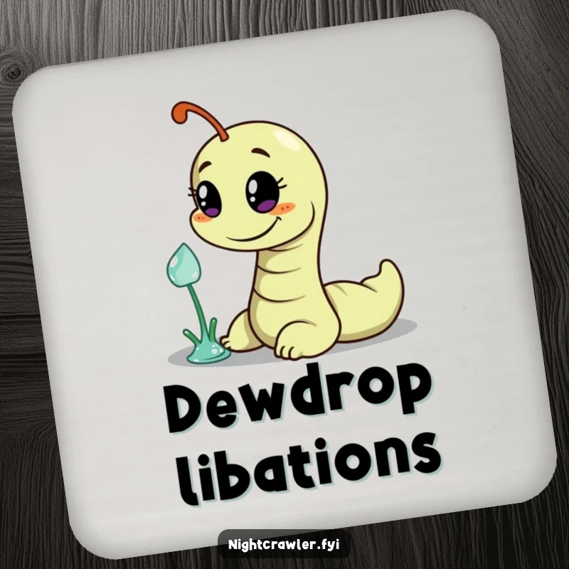 Funny drink coaster featuring a worm character with a mischievous grin, attempting to steal a dewdrop, adding humor to surfaces.