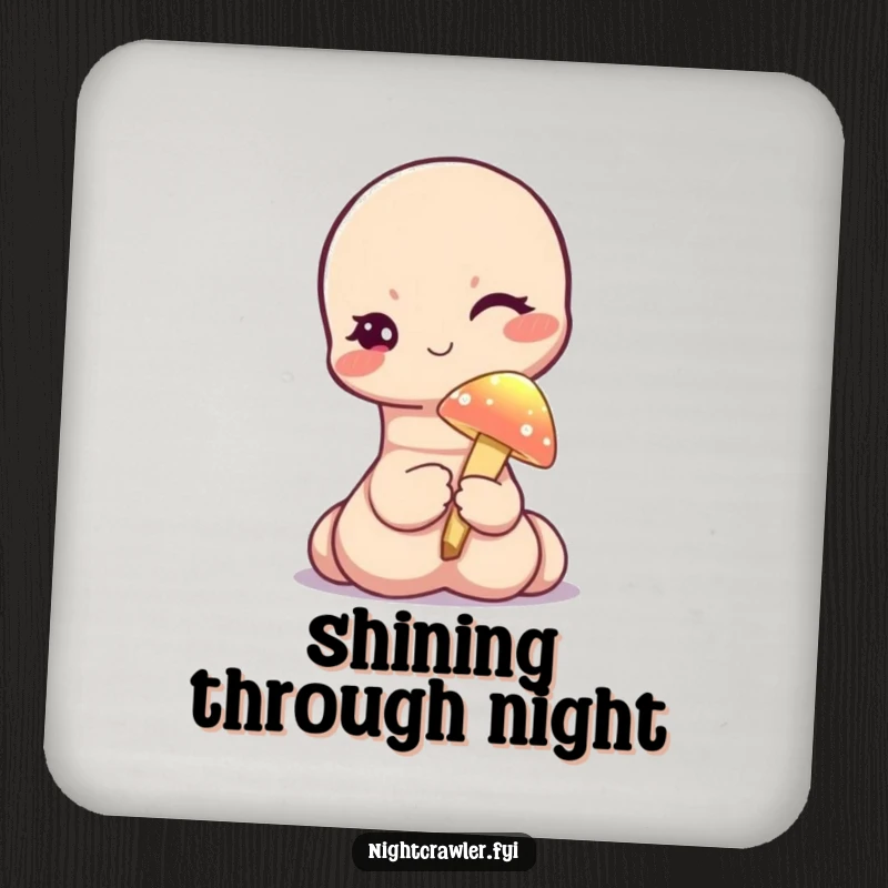 Funny drink coaster featuring a cute worm character winking while holding a tiny, illuminated mushroom, a protective and charming accent.